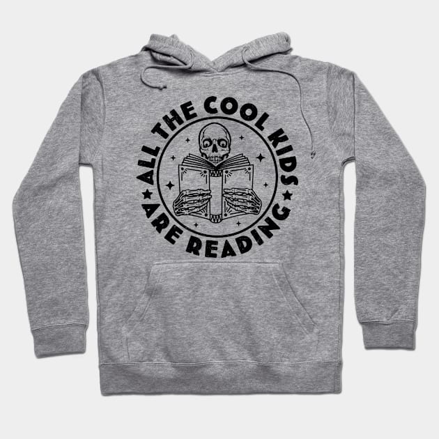 All The Cool Kids Are Reading Funny Skeleton Reading Books Hoodie by OrangeMonkeyArt